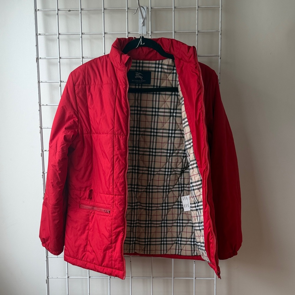Burberry Red Quilted Jacket with Plaid Lining Size Medium